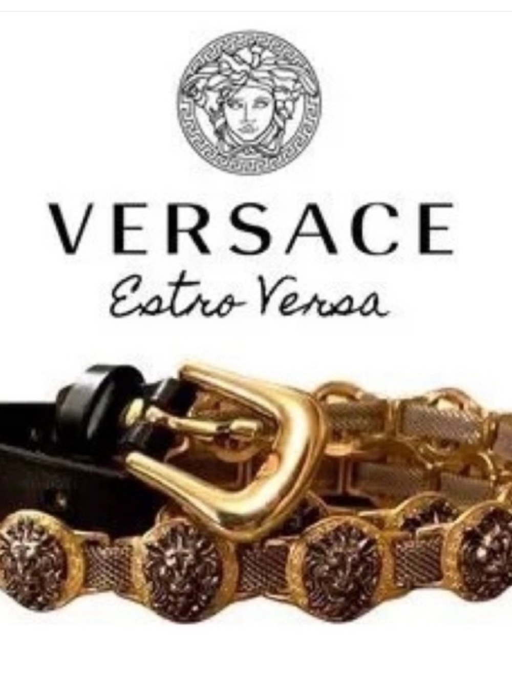 Versace Estero Versa Black Leather Belt with Gold Lion Medallion Chain